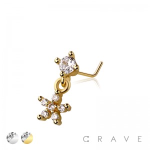 MULTI CZ FLOWER STAR DANGLE CZ 316L SURGICAL STEEL L-SHAPE NOSE RING